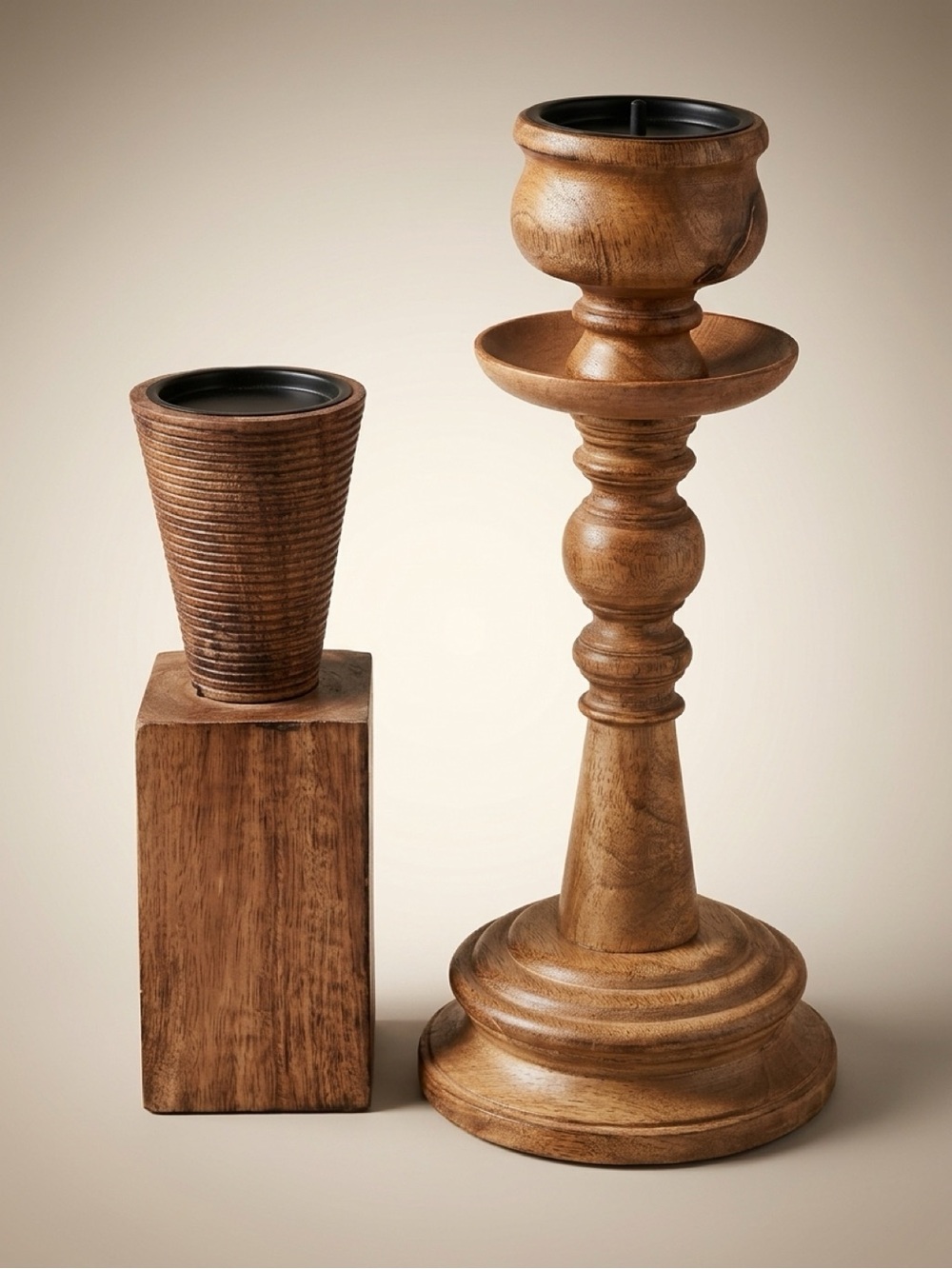 Lot of 2 Natural Wood Pillar Candle Holders NWT
